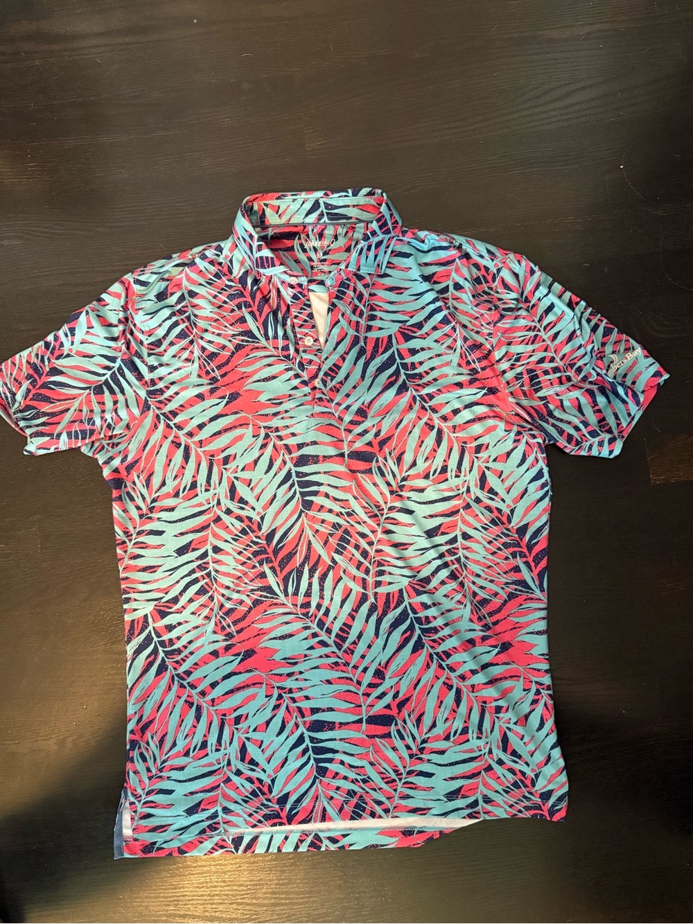 johnnie-O Men's Medium Tropical Leaf Polo in Teal & Pink Chambers Bay NWOT